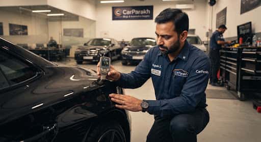 A certified Indian automotive technician in crisp uniform inspecting a high-end luxury vehicle at a dealership using a digital paint depth gauge, ambient warm cinematic lighting with luxury gold highlights, ultra-sharp detail, technical precision atmosphere